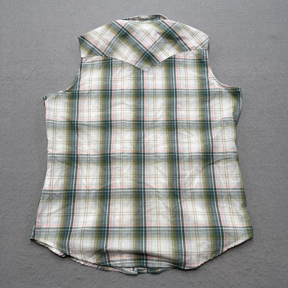 Wrangler Wrancher Shirt Women's Medium Green Plaid Pearl Snap Sleeveless Classic - Picture 2 of 7
